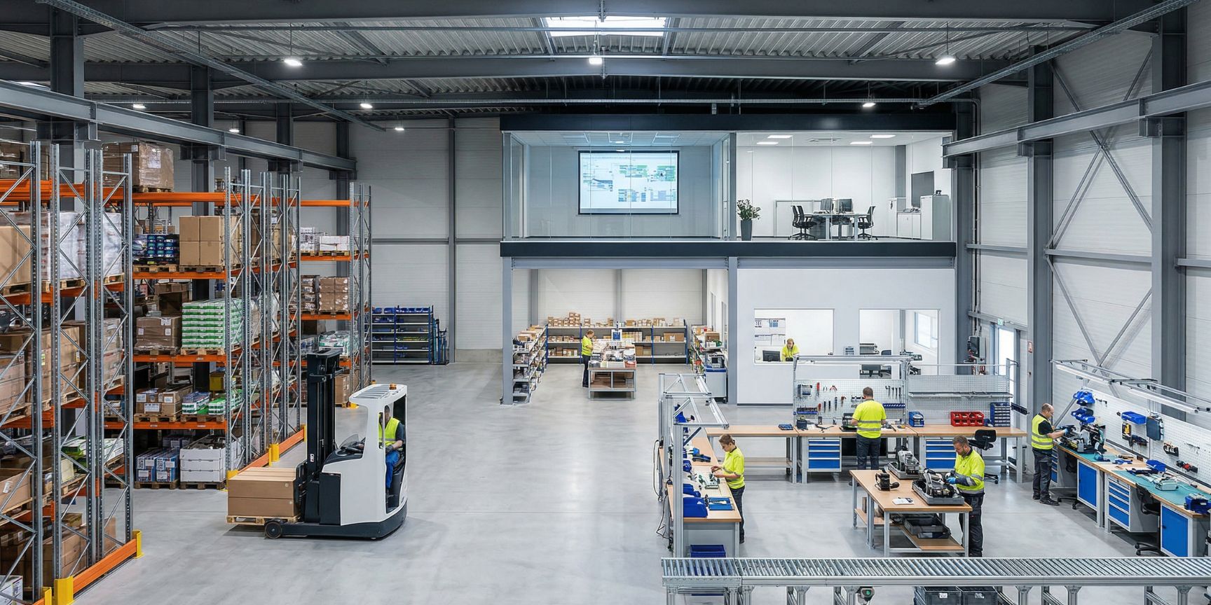 Innenansicht einer modernen Light-Industrial-Halle mit Hochregallager, einem Gabelstapler in Aktion, Montagebereichen und integrierten Mezzanine-Büros.